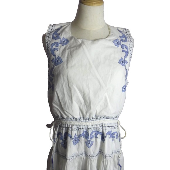 ZARA WOMAN'S EMBROIDERED MIDI DRESS WHITE BLUE GAUZY SLEEVELESS SIZE LARGE - Picture 3 of 15